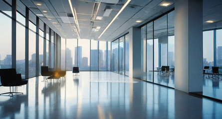 Empty modern office hall with panoramic windows and beautiful lighting and a blurred background of the cityscape