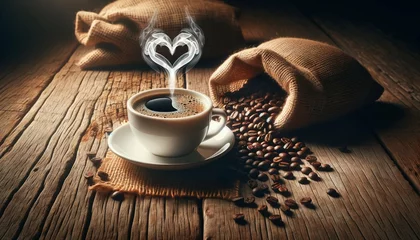 Tuinposter Romantic cup of coffee with heart shape smoke and coffee beans on burlap sack on old wooden background © ibreakstock