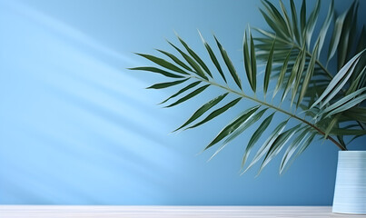 Fototapeta na wymiar Whispers of the Tropics: Blurred Palm Shadows on a Blue Canvas