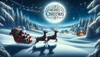 Fotobehang Merry Christmas postcard scene with Santa Claus on sleigh in a starry night sky with reindeer © ibreakstock