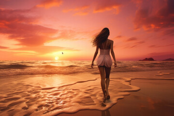 Fototapeta na wymiar Young Woman Walking on the Beach at Sunset, Captured in the Style of Large Canvas Sizes, Radiating Youthful Energy with Influences from Celebrity Photography, Airbrushing for a Flawless Finish, Tinged