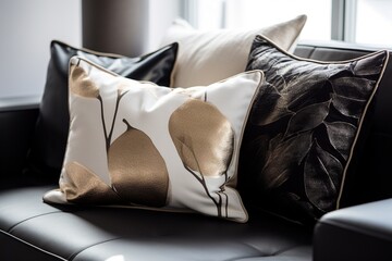 Close up of a luxury pillow on a sofa in a living room.
