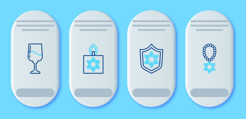 Set line Burning candle, Shield with Star of David, Jewish goblet and necklace on chain icon. Vector