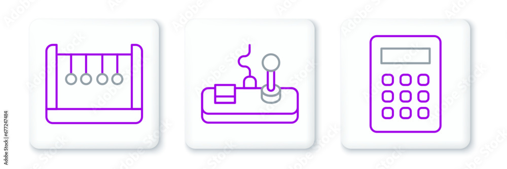 Poster set line calculator, pendulum and gamepad icon. vector
