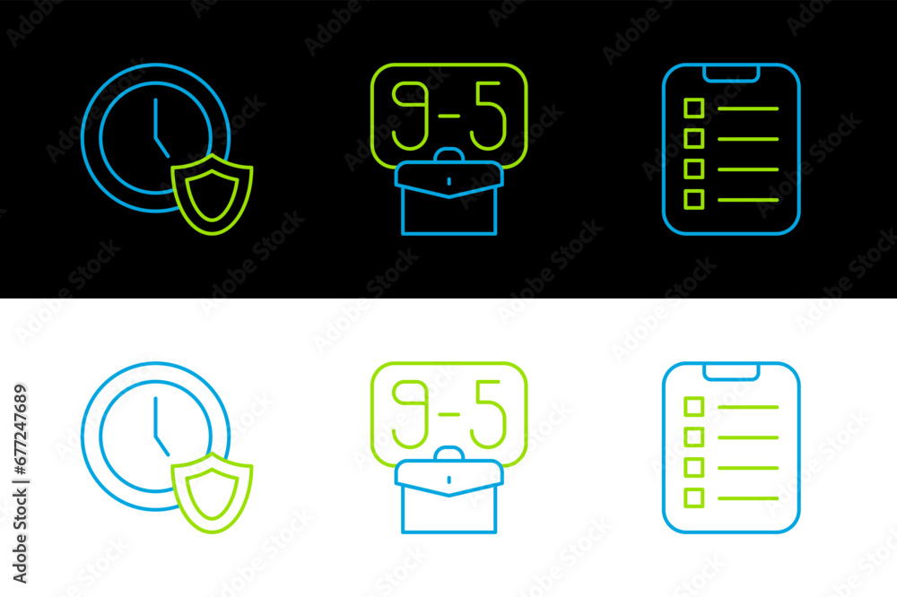 Aufkleber set line to do list or planning, clock with shield and from 9 icon. vector