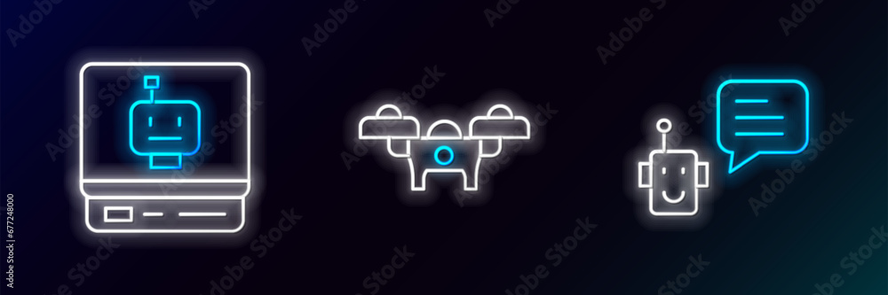 Poster set line bot, robot and drone icon. glowing neon. vector