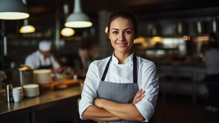 Smiling female chef in her restaurant women owned business concept - obrazy, fototapety, plakaty
