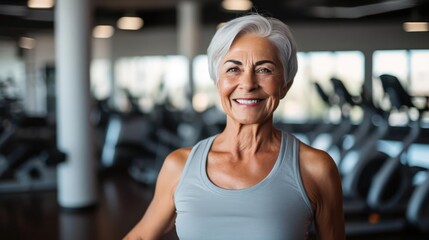 Fototapeta premium Smiling senior woman in a gym very fit fitness for seniors concept