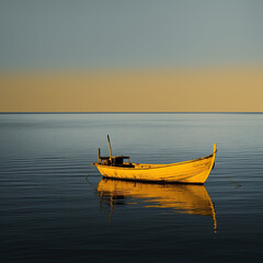 The Picture Perfect Yellow Wooden Boat Gently Floating in Calm Waters