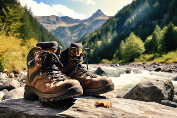 Trekking boots near mountain river - obrazy, fototapety, plakaty