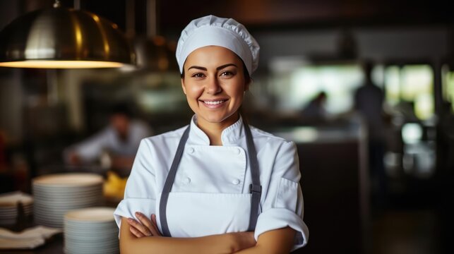 Smiling Female Chef In Her Restaurant Women Owned Business Concept