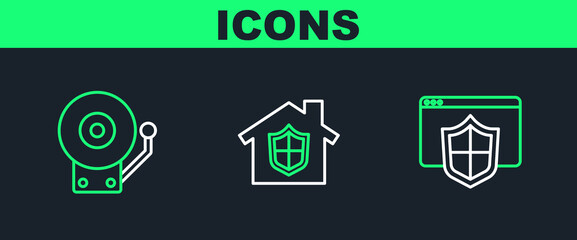 Set line Browser with shield, Ringing alarm bell and House under protection icon. Vector