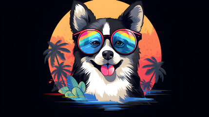 happy husky dog wearing sunglasses tshirt circle design, in the style of botanical illustrations, colorful cartoon 8k