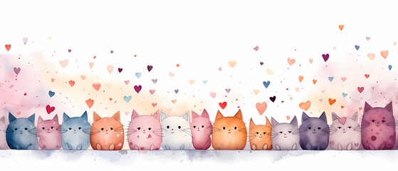 Cute cats with hearts watercolor background. Happy Valentines Day. Beautiful banner for decoration design, print, wallpaper, textile, interior design, poster. - obrazy, fototapety, plakaty