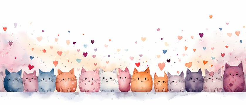 Cute cats with hearts watercolor background. Happy Valentines Day. Beautiful banner for decoration design, print, wallpaper, textile, interior design, poster.