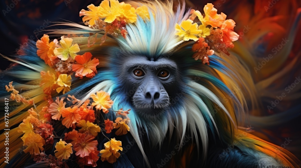 Poster a monkey with a bunch of flowers on its head in front of a painting of a monkey with a bunch of flow
