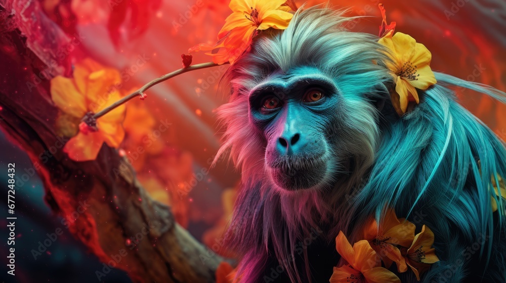 Poster a painting of a monkey with flowers on it's head and a branch in front of it's face. generative ai