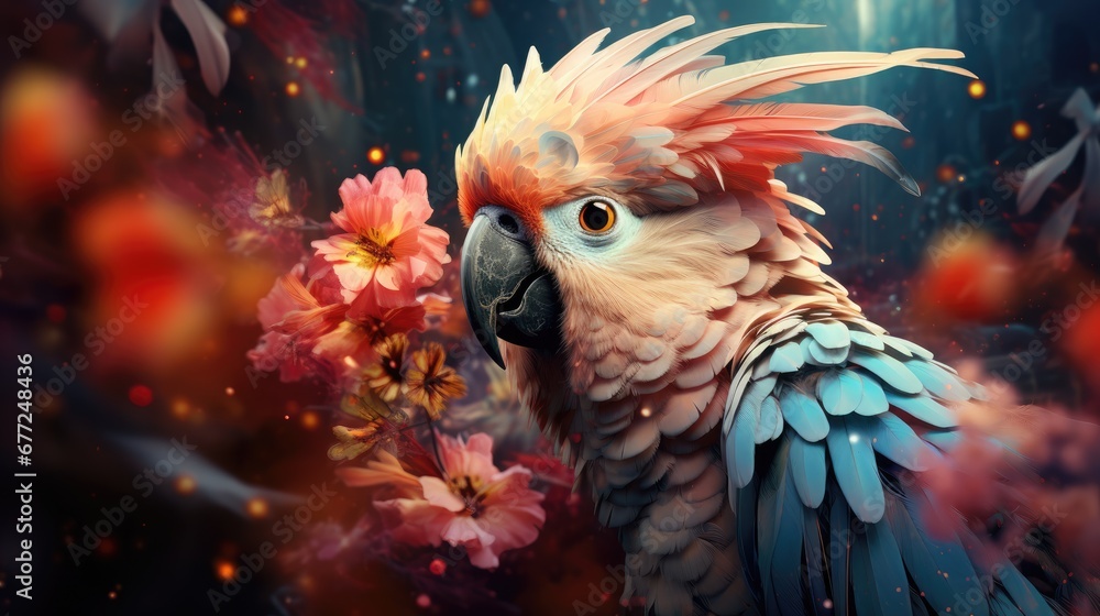 Poster a close up of a parrot with flowers in the foreground and a background of leaves and flowers in the 