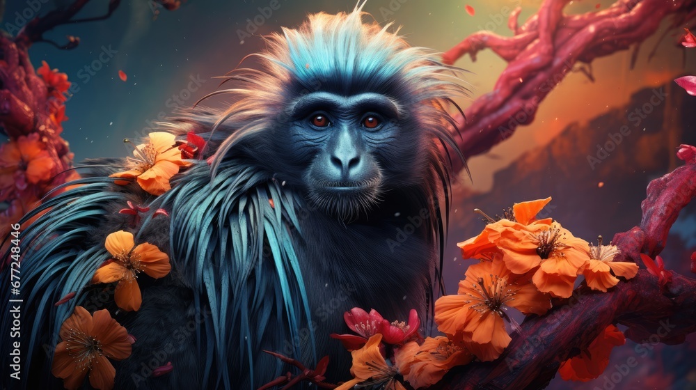 Poster a monkey sitting on top of a tree branch next to a bunch of orange and red flowers on a branch. gene