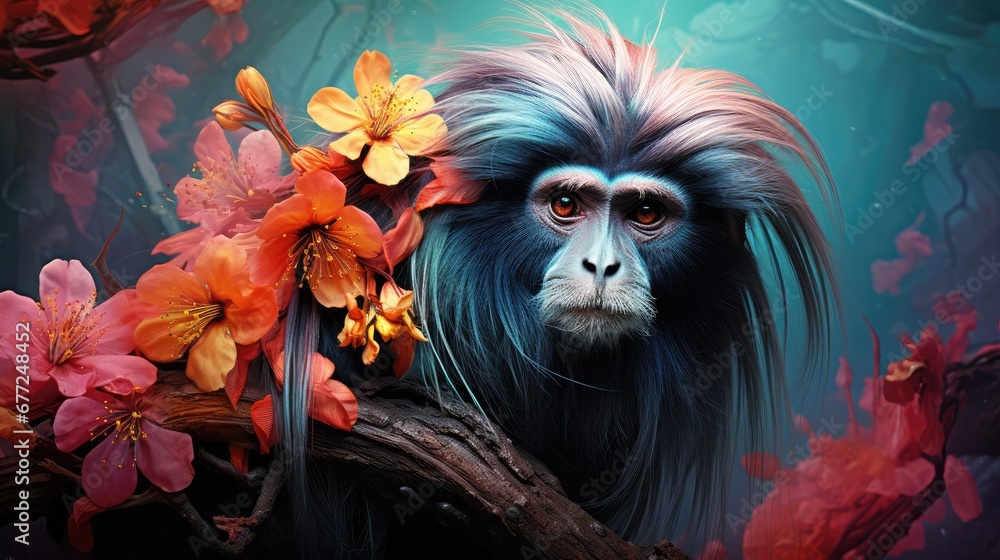 Poster a monkey with long hair sitting on a branch with flowers in front of it and a background of red and 