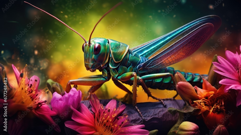 Aufkleber a close up of a grasshopper sitting on top of a bunch of flowers with a green bug on it's head. gene