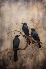 An Antique Oil on Canvas Painting Depicting Crows and Black Birds, Crafted with Thick Brush Strokes, Emanating Nostalgia through Vintage and Muted Colors. A Victorian Gothic Ambiance