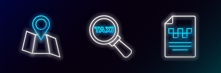 Set line Taxi driver license, Folded map with location and Magnifying glass and taxi car icon. Glowing neon. Vector