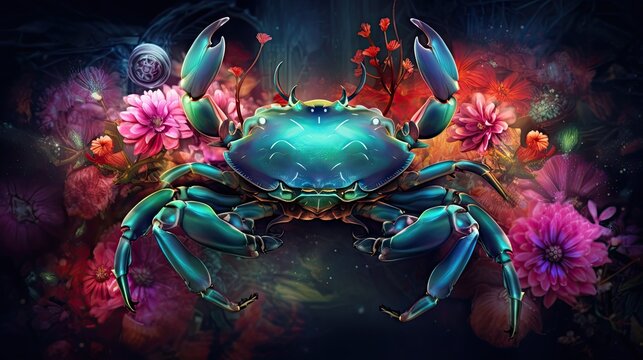  a painting of a blue crab surrounded by flowers on a black background with a blue crab in the middle of the frame.  generative ai