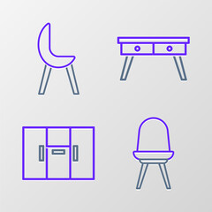 Set line Chair, Wardrobe, Office desk and Armchair icon. Vector