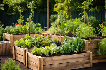 Fototapeta na wymiar Beds in garden growing plants, herbs and vegetables