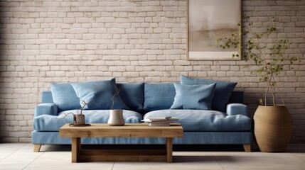 Rustic coffee table near blue sofa against brick wall Farmhouse home interior design of modern living room  - obrazy, fototapety, plakaty
