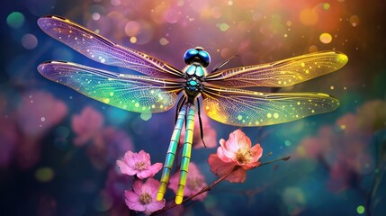  a dragonfly sitting on top of a pink flower next to a blue and yellow dragon flying over a pink flower.  generative ai - obrazy, fototapety, plakaty