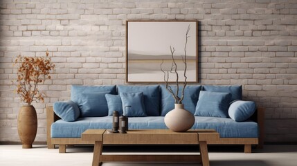 Rustic coffee table near blue sofa against brick wall Farmhouse home interior design of modern living room 