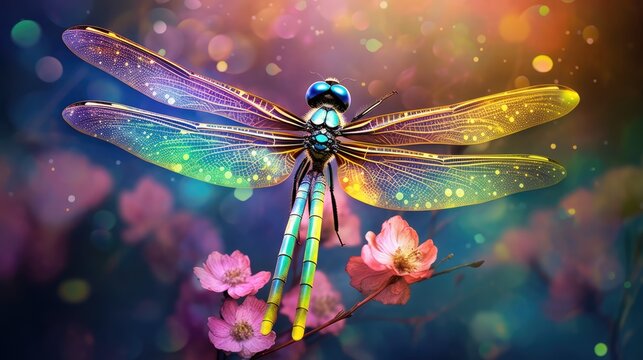  a dragonfly sitting on top of a pink flower next to a blue and yellow dragon flying over a pink flower.  generative ai