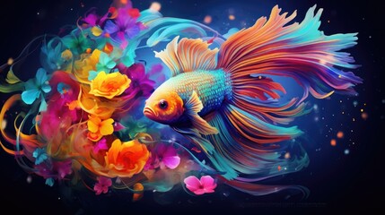  a painting of a goldfish and flowers on a black background with a blue sky in the background and a pink flower in the foreground.  generative ai