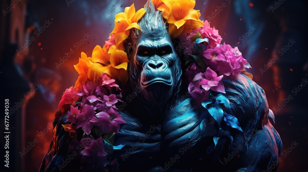 Poster a gorilla with a bunch of flowers on his head in front of a dark background with a red light behind 