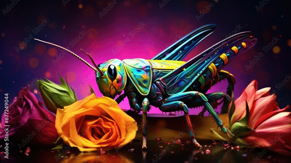 Poster a close up of a grasshopper on a plate with flowers and a rose on a table with a purple background. 