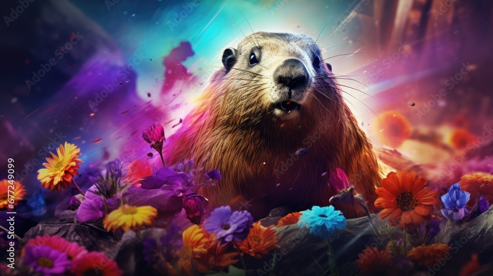 Poster a close up of a groundhog in a field of flowers with the sky in the background and clouds in the bac