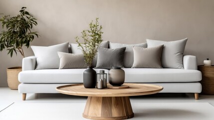 Rustic round wood table near sofa with grey pillows Scandinavian home interior design of modern living room 