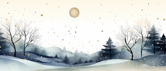 Minimalist luxury greeting card motifs with abstract winter landscape, forest, stars, blue and gold on white background with space for text and white background, painted with watercolors