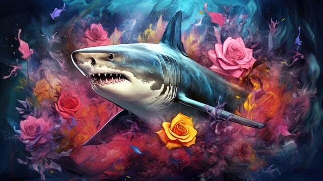  a painting of a great white shark with a rose in it's mouth and a rose in its mouth.  generative ai