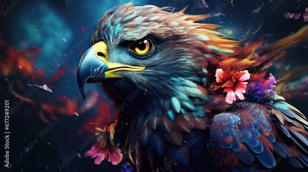 Poster a close up of a bird of prey with a flower in it's beak and a background of butterflies. generative 