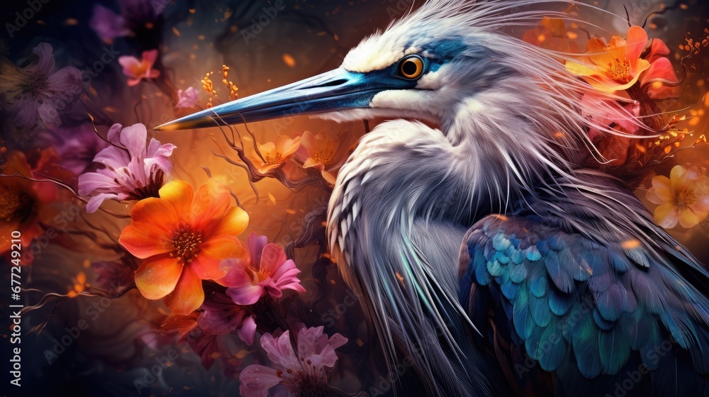 Poster a painting of a bird sitting on a branch of a tree with flowers in the foreground and a background o