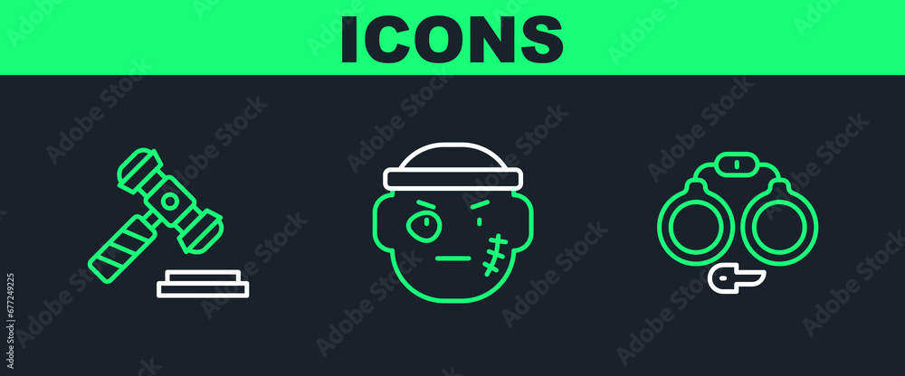 Poster set line handcuffs, judge gavel and bandit icon. vector