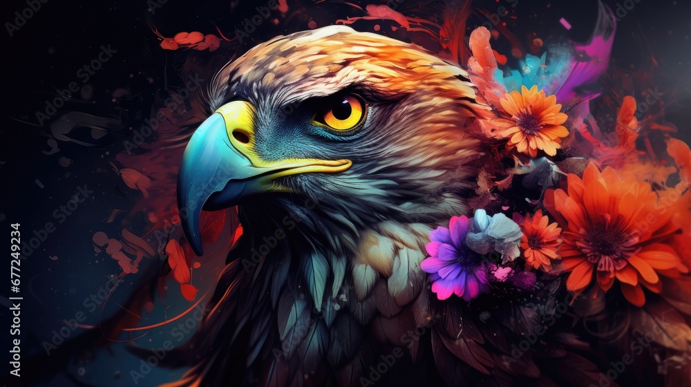 Aufkleber a close up of a bird of prey with flowers in it's beak and a background of music notes. generative a