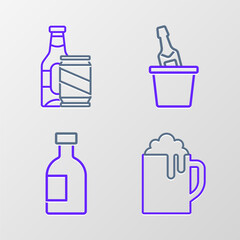 Set line Wooden beer mug, Glass bottle of vodka, Champagne in an ice bucket and Beer and can icon. Vector