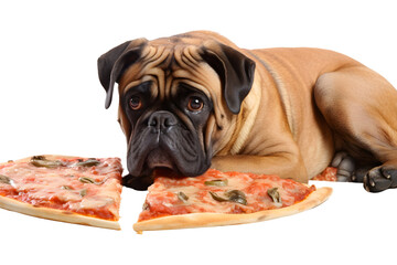Bullmastiff Eating Pizza Full Body Isolated Transparent Background Pet Canine Companion Food Snack Cute Fun Studio Photography
