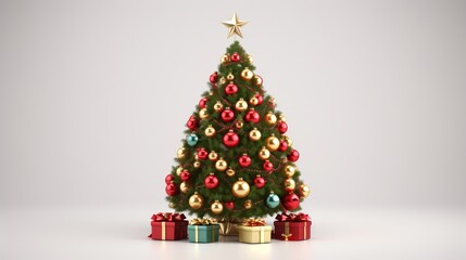 christmas tree decorated with beautiful shiny baubles and many different presents on wooden floor. White wall background