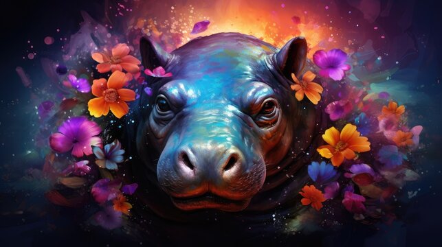  a close up of a hippopotamus with flowers around it's neck and a background of butterflies and flowers.  generative ai