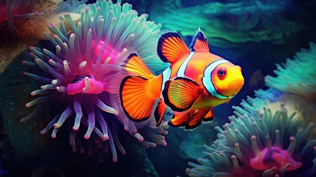  a close up of a clown fish in a sea anemone with other sea anemones in the background.  generative ai